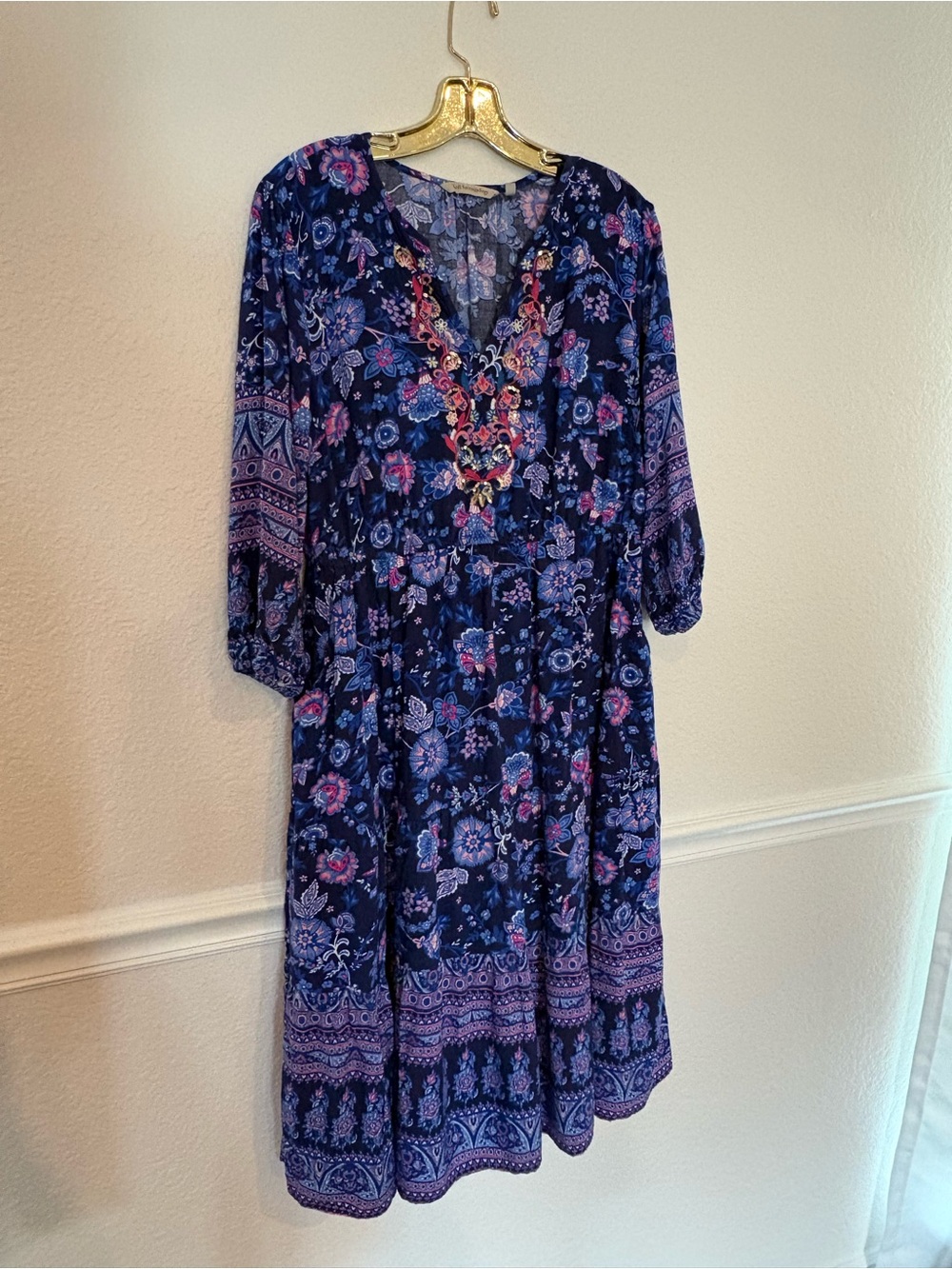 Soft Surroundings Jordana LP Dress Blue Floral Embroidered Sequined Large Petite - Picture 5 of 13